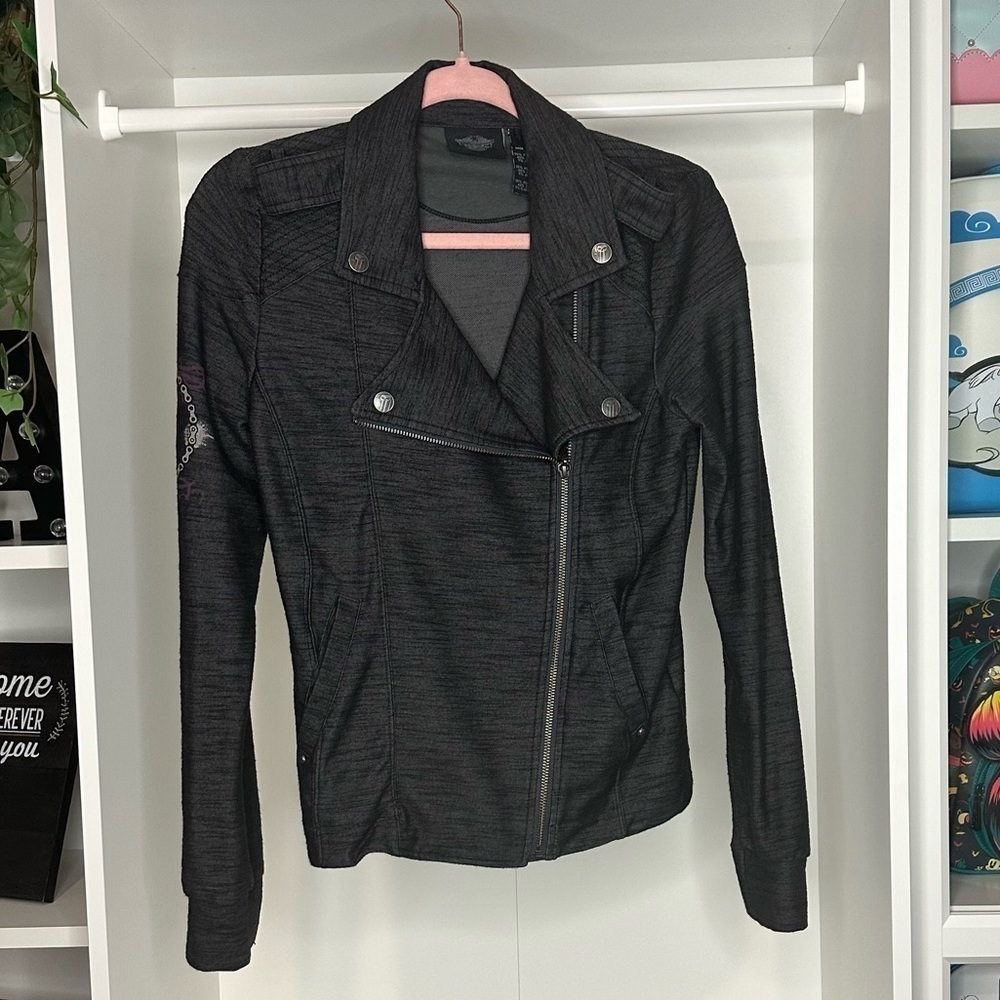 Harley Davidson Womens Moto light Jacket Small Black Gray Knit Zip Up Cotton